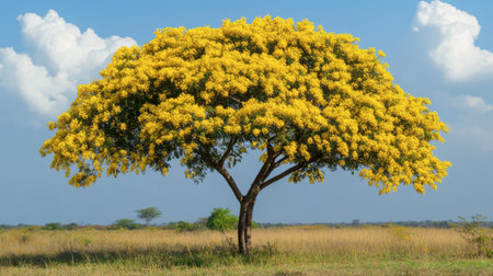 A stunning yellow flowering tree stands majestically under a bright blue sky, creating a picturesque scene in a serene natural landscape filled with vibrant colors.の素材