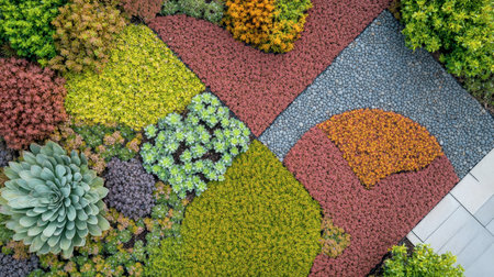 A stunning aerial view showcasing a colorful landscape design with various plants, stones, and patterns, creating a vibrant outdoor scene filled with nature's beauty.の素材