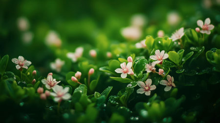 A serene nature scene featuring delicate pink flowers nestled among lush green foliage, highlighting the beauty and tranquility of a vibrant outdoor environment.の素材