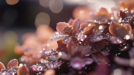 Macro shot of succulent leaves adorned with glistening dew drops, creating a serene and vibrant atmosphere. Perfect for nature and botanical themes.の素材