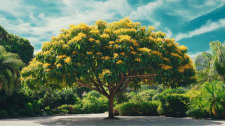 This stunning image captures a lush green tree adorned with vibrant yellow flowers beneath a bright blue sky. Perfect for showcasing nature's beauty.の素材