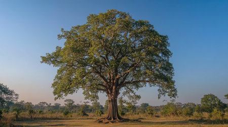 A stunning view of a single majestic tree standing proudly in an open landscape under a clear blue sky, showcasing the beauty of nature's tranquility.の素材