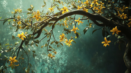 Captivating branch adorned with yellow flowers creates a serene ambiance. The soft green background enhances the natural beauty, perfect for tranquil themes.の素材