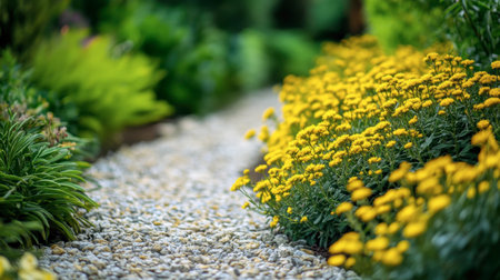 A picturesque garden pathway lined with vibrant yellow flowers invites visitors to explore the serene natural beauty. Perfect for outdoor scenes.の素材
