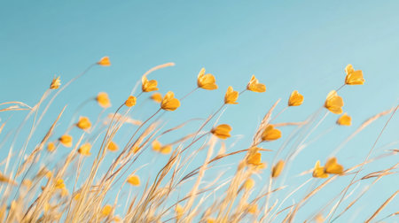 A serene view of golden flowers swaying gently in the breeze against a clear blue sky. This image captures the beauty of nature and tranquility.の素材