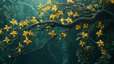 A stunning scene of a twisting branch adorned with vibrant yellow flowers in a lush green forest, capturing the beauty and tranquility of nature.の素材