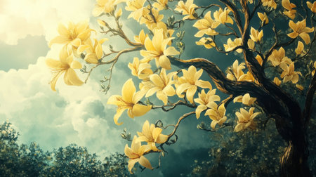 A stunning yellow flowering tree stands majestically against a blue sky dotted with dramatic clouds, evoking feelings of peace and beauty in nature.の素材