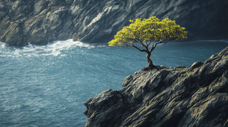 A solitary tree stands boldly on a rocky cliff, overlooking calm ocean waters. The scene captures the essence of nature's beauty, tranquility, and solitude.の素材