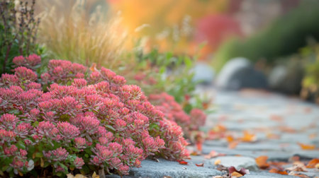 A captivating scene featuring vibrant pink succulent plants lining a stone pathway, creating a serene and picturesque garden atmosphere filled with natural beauty.の素材