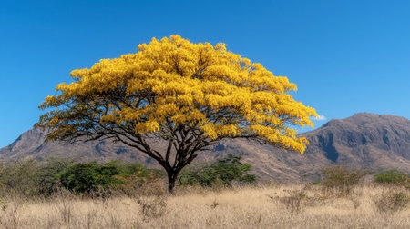 A stunning flowering tree stands out against a clear blue sky, showcasing vibrant yellow petals. This natural setting captures the beauty of flora in a serene landscape.の素材