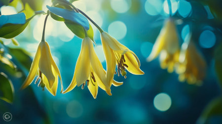 Explore the serene beauty of delicate yellow flowers set against a soft blue background. This close-up image captures the essence of spring and nature's artistry.の素材