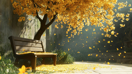 Experience a tranquil autumn scene featuring a bench under a blooming tree filled with vibrant yellow petals, creating a serene outdoor oasis perfect for relaxation.の素材