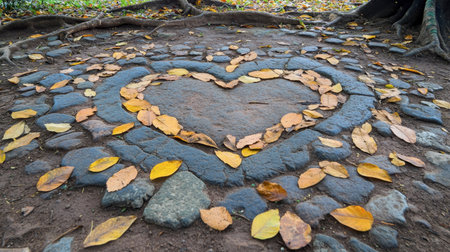 A captivating heart-shaped arrangement of stones surrounded by vibrant autumn leaves, perfect for conveying themes of love and nature's beauty in outdoor settings.の素材