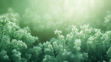 Beautiful close-up of lush green flora with delicate white flowers, creating a serene and tranquil atmosphere. Ideal for nature-themed projects.の素材