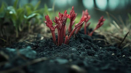 A vibrant scene showcasing the emergence of red shoots from dark soil, symbolizing renewal and growth in nature during the spring season.の素材