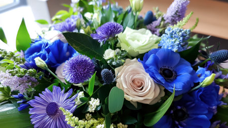 A stunning floral arrangement featuring a mix of blue and white flowers, perfect for home decor, events, or as a thoughtful gift to brighten any occasion.の素材