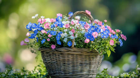 A beautiful wicker basket filled with vibrant blue and pink flowers, enhancing any garden scene. Ideal for spring-themed decor or nature photography.の素材