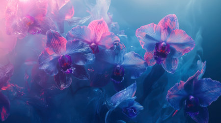 Stunning ethereal orchid blossoms with colorful neon glows create a captivating and serene ambiance, perfect for floral art enthusiasts and decor inspiration.の素材