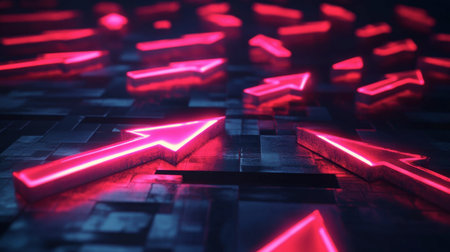 A stunning collection of glowing neon arrows illuminating a dark, futuristic background. This abstract design captures movement and direction, ideal for modern projects.の素材