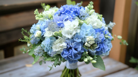 A stunning bouquet featuring blue hydrangeas and delicate accents. This arrangement is perfect for weddings, celebrations, or any occasion that calls for elegance and beauty.の素材