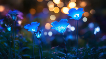 A stunning display of blue flowers glowing softly amidst a dreamy bokeh background. This enchanting scene captures the beauty of nature at night, evoking tranquility.の素材