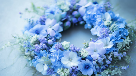 A stunning blue floral wreath showcasing a variety of blooms and textures, perfect for adding a touch of elegance and natural beauty to any space or event.の素材