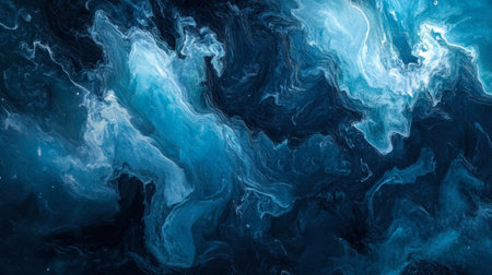 This captivating abstract artwork features swirling blue tones against a deep black backdrop. The fluid design evokes a sense of motion and tranquility, ideal for modern decor.の素材