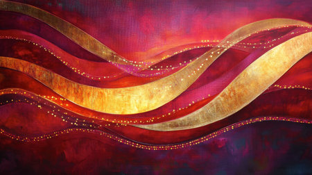 Vibrant abstract artwork featuring flowing wave patterns in rich red and gold tones. Perfect for adding elegance and warmth to modern spaces. Ideal for art enthusiasts.の素材