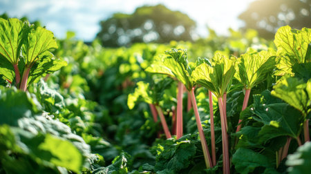 Vibrant green rhubarb leaves thriving in a rich agricultural field under warm sunlight. This fresh scene captures the essence of healthy plant growth in nature.の素材