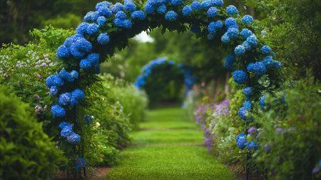 Discover an enchanting garden pathway adorned with vibrant blue hydrangeas, creating a serene and picturesque atmosphere for nature lovers and photographers.の素材