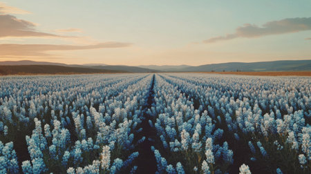 A breathtaking view of an expansive field filled with blue flowers under a serene sunset sky. Perfect for nature lovers and landscape enthusiasts.の素材