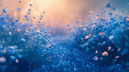 A tranquil scene of a winding path surrounded by vibrant wildflowers under soft morning light. Perfect for themes of nature, peace, and beauty.の素材