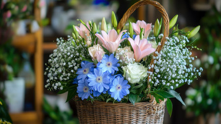 A stunning floral arrangement featuring pink lilies, blue flowers, and white roses in a woven basket. Perfect for decorations or special occasions.の素材