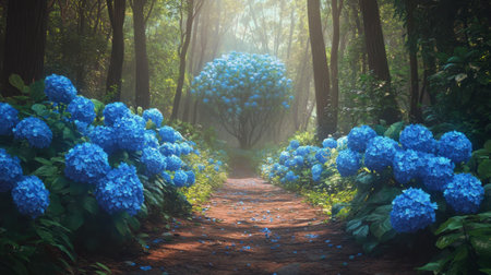 A serene pathway meanders through a lush forest, adorned with vibrant blue hydrangeas. Sunlight filters through the trees, creating a tranquil atmosphere perfect for nature lovers.の素材