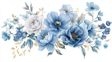 A stunning floral arrangement featuring various shades of blue flowers and delicate leaves. This artwork showcases the beauty and elegance of nature, perfect for decor.の素材