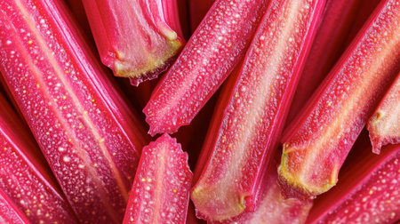Bright pink rhubarb stalks displayed on a wooden surface, showcasing fresh and vibrant colors ideal for culinary creations, from pies to jams.の素材