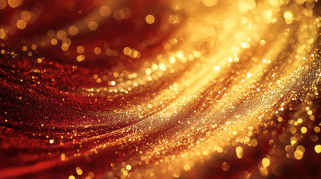 A mesmerizing wave of golden and red glitter creating a vibrant and dynamic background suitable for various creative projects, celebrations, and events.の素材