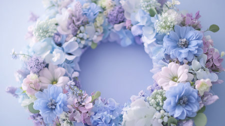 A beautiful floral wreath made of pastel flowers on a soft blue background, perfect for home decor or seasonal celebrations, exuding charm and elegance.の素材