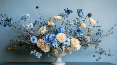 A beautiful floral arrangement featuring elegant blue and cream flowers in a stylish vase, perfect for decoration or as a centerpiece.の素材