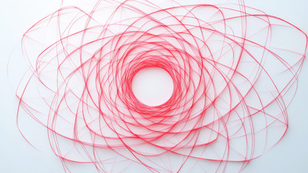 This image features an abstract spiral pattern created with delicate pink lines on a clean white background, showcasing elegance and creativity in visual design.の素材
