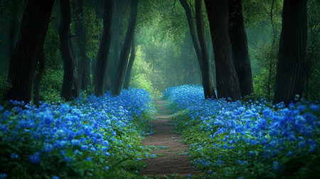 A tranquil pathway meanders through a lush green forest, adorned with vibrant blue flowers that create a picturesque and serene atmosphere in nature.の素材