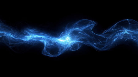 An ethereal blue smoke wave dances across a dark backdrop, creating a stunning visual effect that captures movement and light in a dreamlike atmosphere.の素材