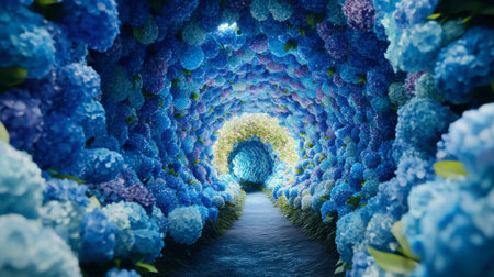 A captivating tunnel pathway lined with vibrant blue hydrangeas creates a serene and enchanting atmosphere, perfect for nature lovers and floral enthusiasts.の素材