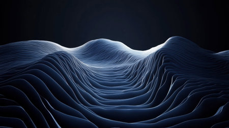 This abstract image portrays smooth blue waves undulating in a dark background, showcasing elegant curves and highlighting modern design elements for creative projects.の素材