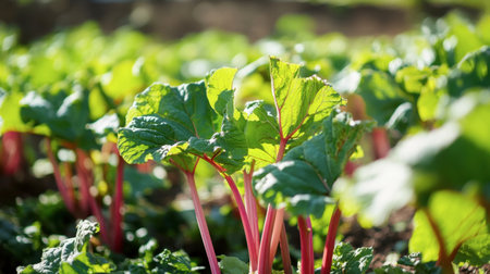 Fresh rhubarb leaves thrive in a lush garden, basking in sunlight. This vibrant image showcases the beauty of nature and healthy produce, perfect for culinary themes.の素材