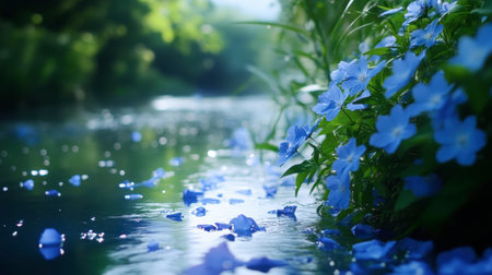 A serene stream unfolds with gentle blue flowers along its banks, reflecting soft sunlight. This tranquil scene embodies nature's beauty and peacefulness.の素材