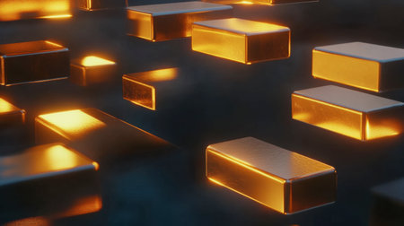 A stunning abstract design featuring glowing gold bars floating against a dark background. Perfect for themes of luxury, wealth, and investment, this visual captivates with its elegance and modern aesthetic.の素材