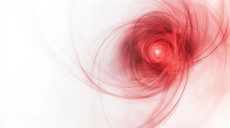 This abstract artwork features a striking red swirl pattern against a minimalist white background. It embodies movement and energy, perfect for contemporary design.の素材