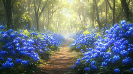 A stunning serene path winds through a vibrant forest filled with lush blue flowers. Sunlight filters through the trees, creating a tranquil atmosphere that's perfect for nature lovers and photographers alike.の素材