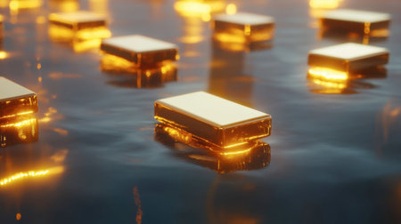 A mesmerizing scene showcasing floating gold bars on a tranquil water surface. The golden glow and reflections create an elegant atmosphere, representing wealth and luxury.の素材